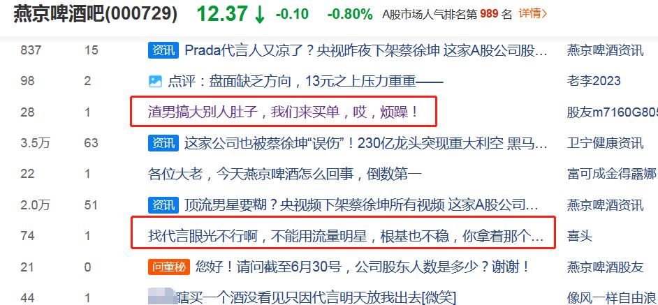 刚刚！燕京啤酒董秘办回应蔡徐坤事件：希望股民理智一点